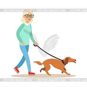 Старший женщина, ходить с собакой, здоровый активный - векторное изображение EPS