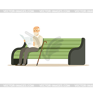 Grey senior man sitting on wooden bench and - vector image