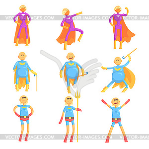 Funny elderly men in superman costume, old superher - vector EPS clipart