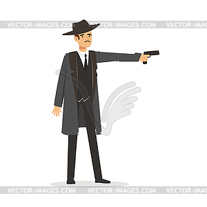 Mafia hitman character in gray coat and fedora hat - royalty-free vector image