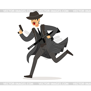 Mafia man character in gray coat and fedora hat - vector clipart