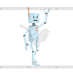 Cute cartoon robot character waving Hello - vector image