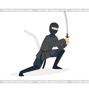 Ninja assassin character in full black costume - vector clipart