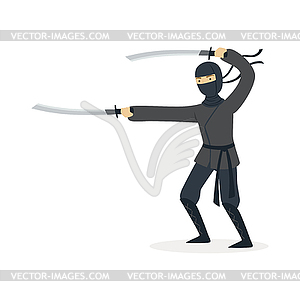 Ninja assassin character in full black costume - vector clipart