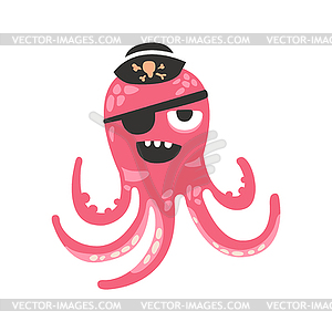 Cute cartoon pink octopus character pirate with an - vector clipart