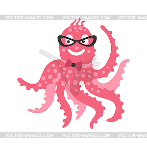 Smart cartoon pink octopus character wearing glasse - vector clipart