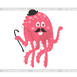 Cute cartoon pink octopus gentleman character with - vector clipart