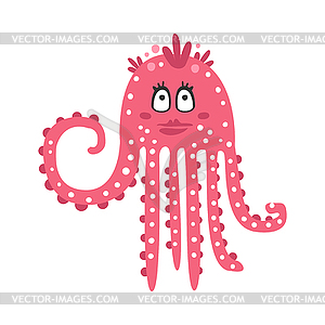 Cute cartoon pink flirtatious octopus girl - vector clip art