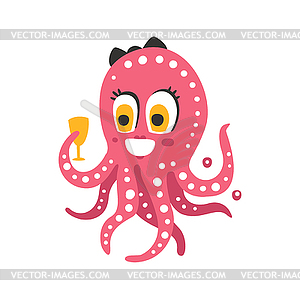 Cute cartoon pink female octopus character holding - vector clipart / vector image