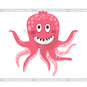 Cute smiling cartoon pink octopus character, funny - vector image