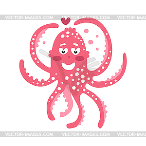 Cute cartoon pink enamored octopus character, - vector clipart