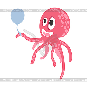 Cute cartoon pink octopus character holding air - vector clipart