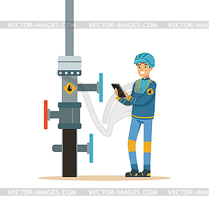 Oilman inspecting an oil pipeline, oil industry - vector image