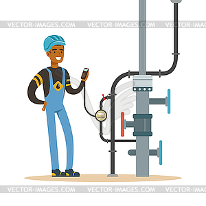 Black oilman worker on an oil pipeline controlling - vector clip art