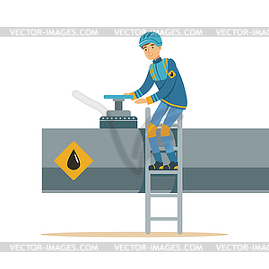 Нефтяник работает на нефтепроводе, транспортирует - изображение в векторном формате