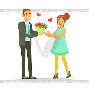 Elegant man giving bouquet of flowers to happy woma - vector clipart