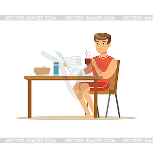 Happy smiling man character reading newspaper - vector image