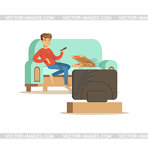 Young man character sitting on sofa and watching TV - vector image