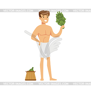 Smiling young man wearing bath towel posing with - vector clip art