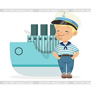 Cute smiling little boy character wearing sailors - vector image