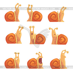 Funny cartoon snails showing different emotions set - vector image