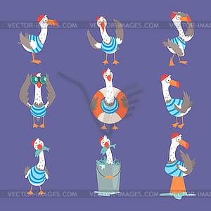 Funny cartoon seagull showing different actions - vector image