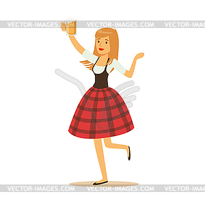 Pretty waitress in red Bavarian traditional - vector image