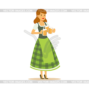 Pretty waitress in green Bavarian traditional - vector image