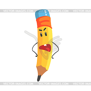 Cute annoyed cartoon yellow pencil character with - royalty-free vector image