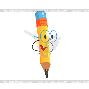 Smart cartoon yellow pencil character with hands - vector clip art