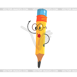 Smart cartoon yellow pencil character wearing - vector clipart
