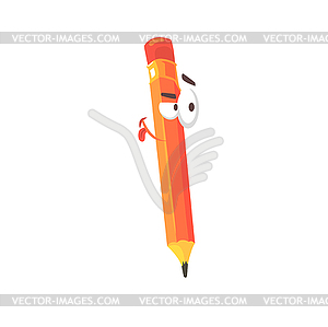 Orange cartoon pencil comic character, humanized - vector image