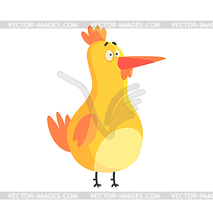 Cute yellow funny chicken standing colorful - vector image