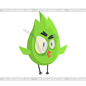 Cute little green funny angry chick bird standing - vector clip art