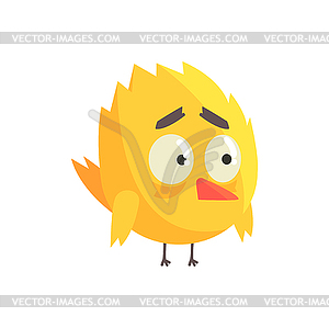 Cute little yellow upset chick bird standing - vector image
