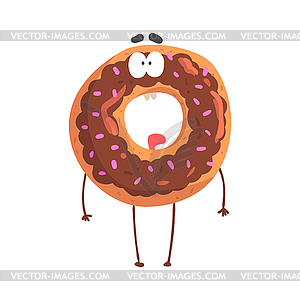 Cute donut character with chocolate glazing, cartoo - vector clipart