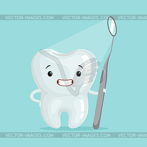 Cute cartoon tooth character with dental tool, - vector image