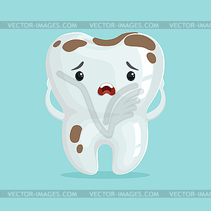 Cute sad cartoon tooth character with coffee stains - vector clipart / vector image