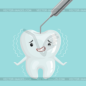 Cute white cartoon tooth character with dentist - vector image