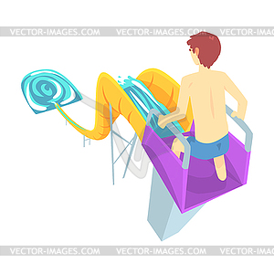 Young man riding down water slide at aquapark in - vector clip art