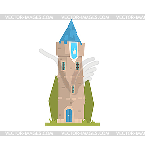Old stone tower with blue pennant, ancient - vector clip art