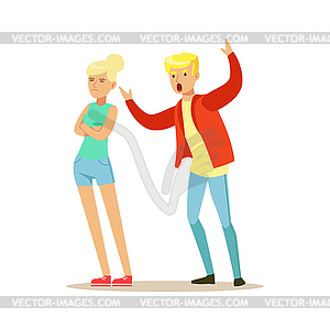 Young man yelling at his girlfriend, negative - vector image