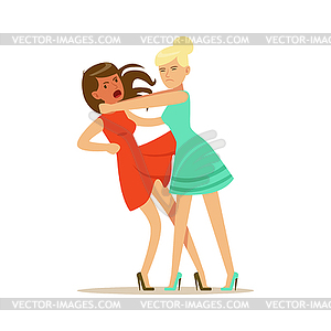 Two young women characters fighting and - vector clipart