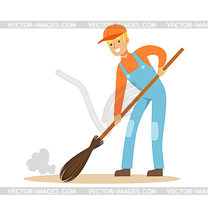 Smiling street sweeper at work, street cleaner - vector image