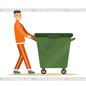 Street cleaner man in orange uniform taking out - vector clipart