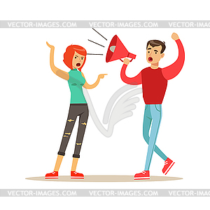 Young men characters shouting to woman through - vector clipart