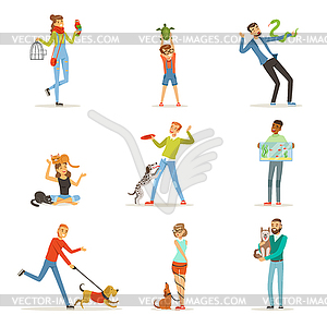 Happy people having fun with pets, man, women and - vector clipart