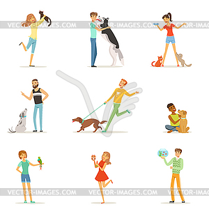 Happy people having fun with pets, man and women - vector image