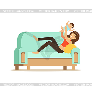 Young beautiful woman sitting on light blue sofa an - vector clipart