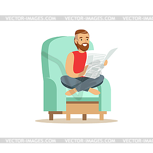 Young bearded man sitting on light blue armchair an - vector image